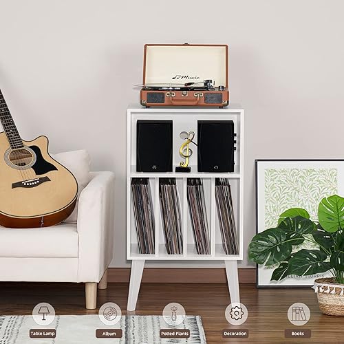 Miniatura 8 de Lerliuo Soporte para tocadiscos, soporte para tocadiscos blanco con capacidad para hasta 160 álbumes, mesa de gabinete de almacenamiento de vinilo