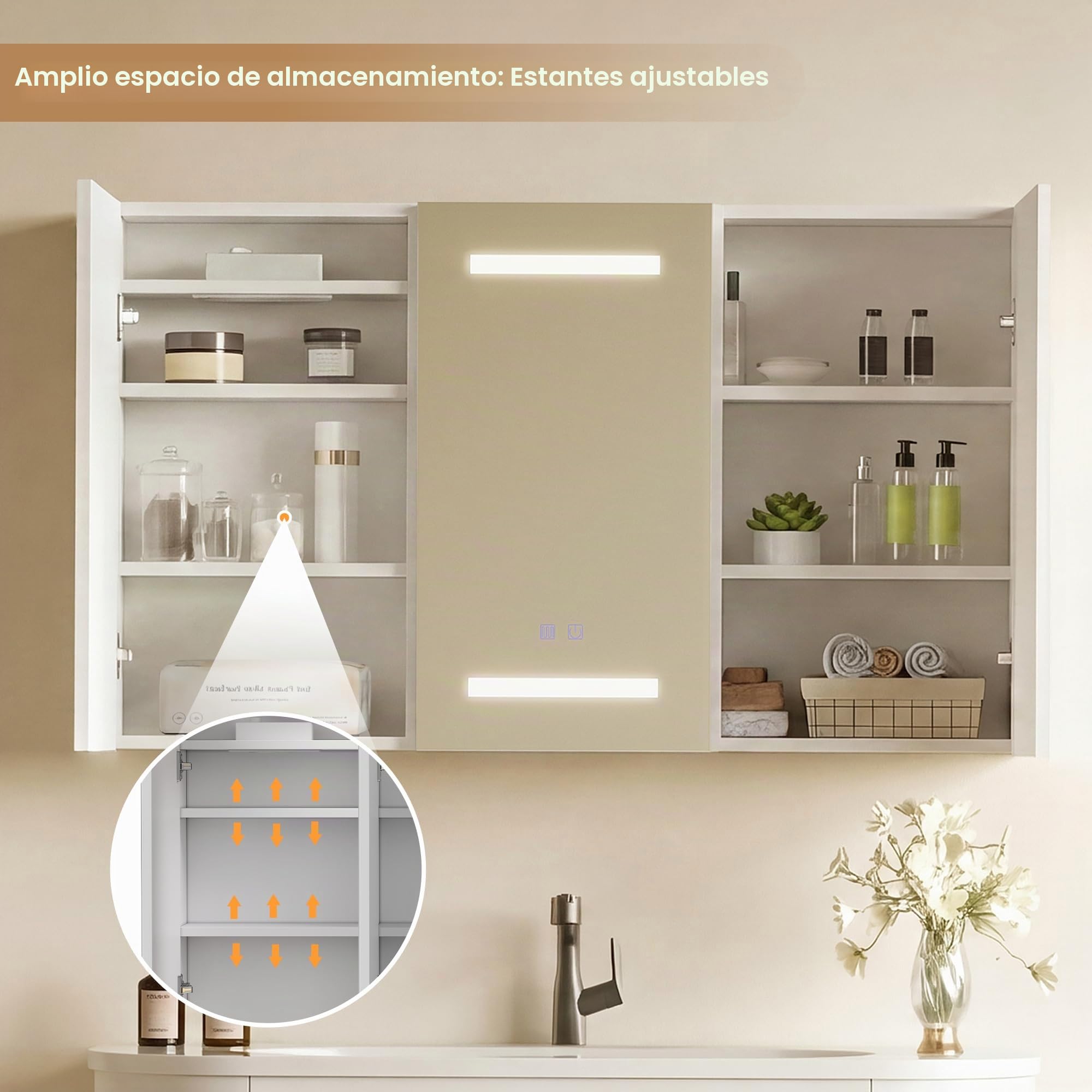 Armario con espejo con iluminación led, gabinete de baño con 3 colores de luz, espejo de baño con almacenamiento y 3 puertas, armario con espejo con estante ajustable (blanco, 2, 100 x 60 cm)