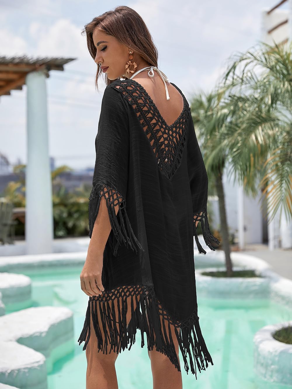 Robe De Plage Women Lace Sheer Beach Dress Bikini Cover-Ups Casual Loose Cardigan Dress Summer Swimwear Robe Plage(White)