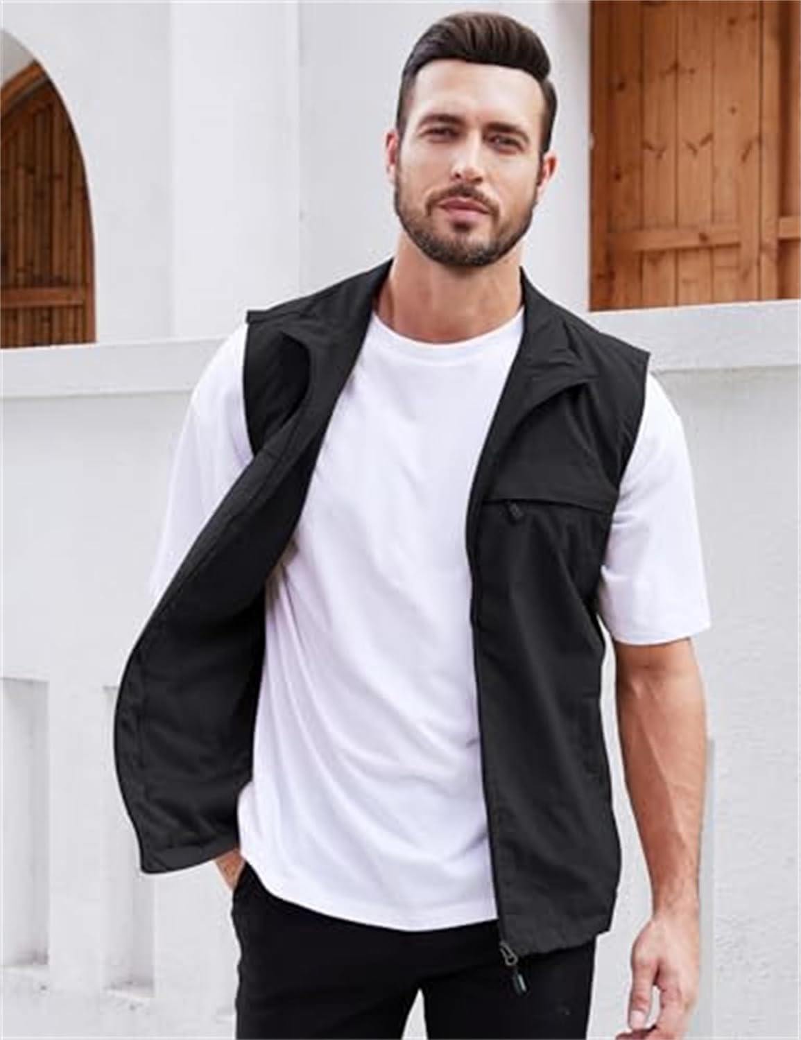 Men's Lightweight Quick Dry Outdoor Multi Pockets Fishing Vest, Casual Utility Zip Reversible Sleeveless Vest Hunting Photo