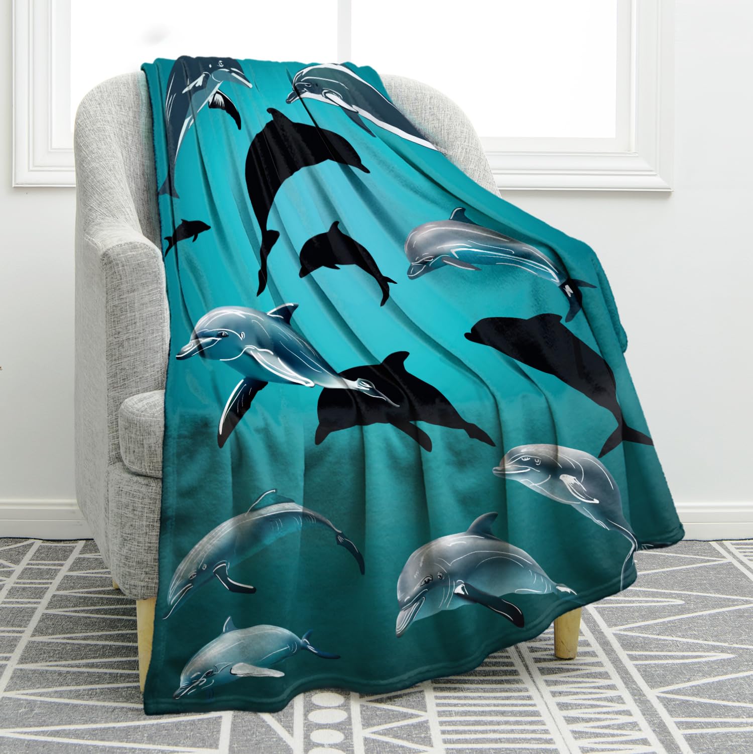 Jekeno Dolphins Blanket Ocean Gifts, Throw Blanket for Adult Kids, Ocean Nautical Decor Gifts for Age 2 3 4 5 6 7 8 9 10 Year Old