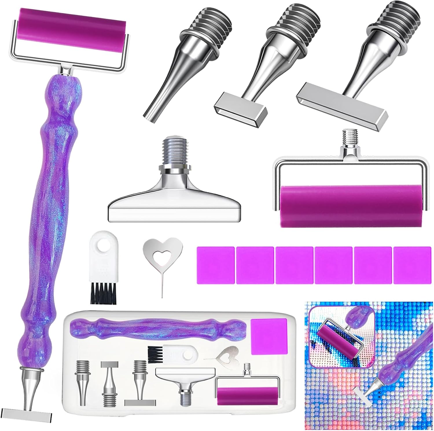 Huanlys Diamond Art Pens Tools Diamond Painting Accessories Kits with Screw Steel Rose Gold Metal Tip Nibs Placers Roller Tool Accessories (Purple Silver B)