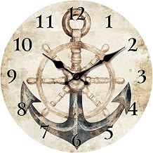 Beach House Nautical Anchor Wall Clock, Vintage Rustic Silent Non-Ticking Clock with Ship Wheel, Coastal Art Decorative Clock for Bathroom, Living Room & Nautical Room