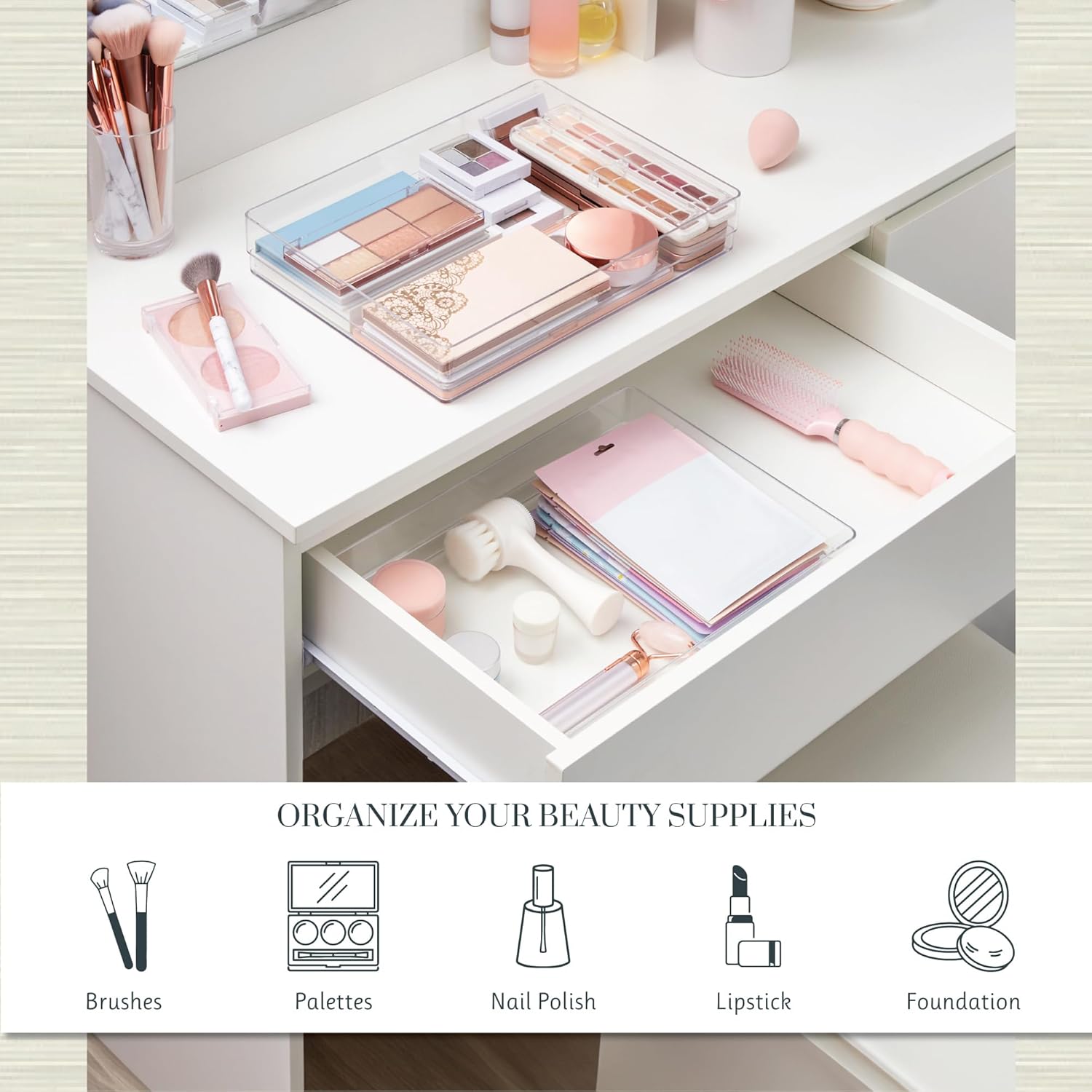 STORi SimpleSort 2-Piece Stackable Clear Drawer Organizer Set | 15" x 6" x 2" Rectangle Trays | Wide Makeup Vanity Storage Bins and Office Desk Drawer Dividers | Made in USA - Thumbnail 4