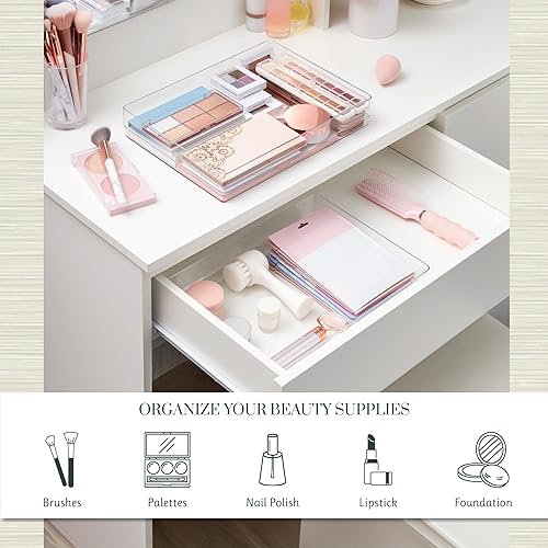 Miniatura 3 de STORi SimpleSort - Juego de 2 organizadores de cajones transparentes apilables Bandejas rectangulares de 15 x 6 x 2 pulgadas Contenedores anchos