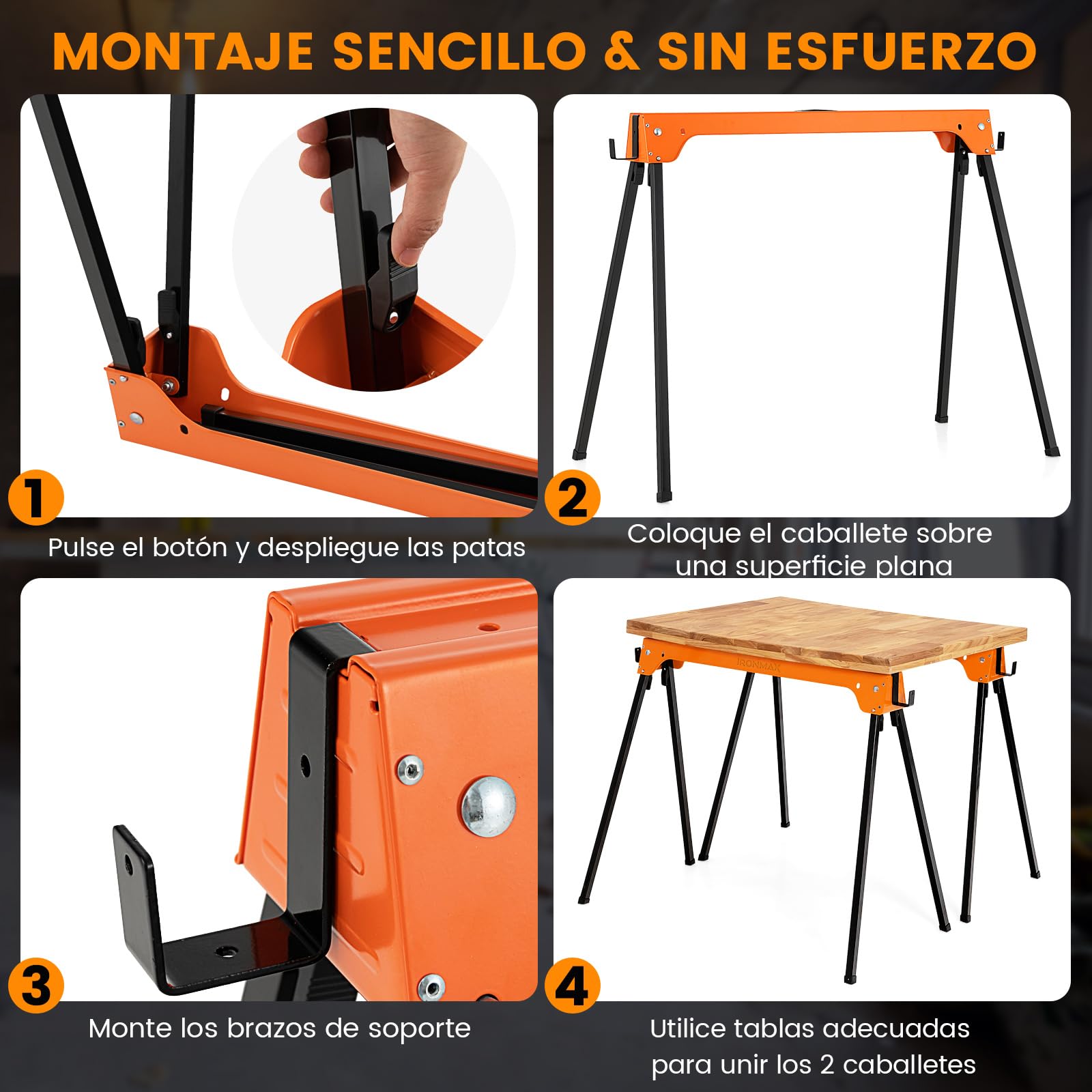 COSTWAY Juego de 2 Caballetes Plegables, Juego de Mesa de Trabajo Plegable de Hierro, 2 Caballetes para Mesa con Brazos de Soporte Desmontables, Amarillo 92 x 48 x 74 cm (Naranja)