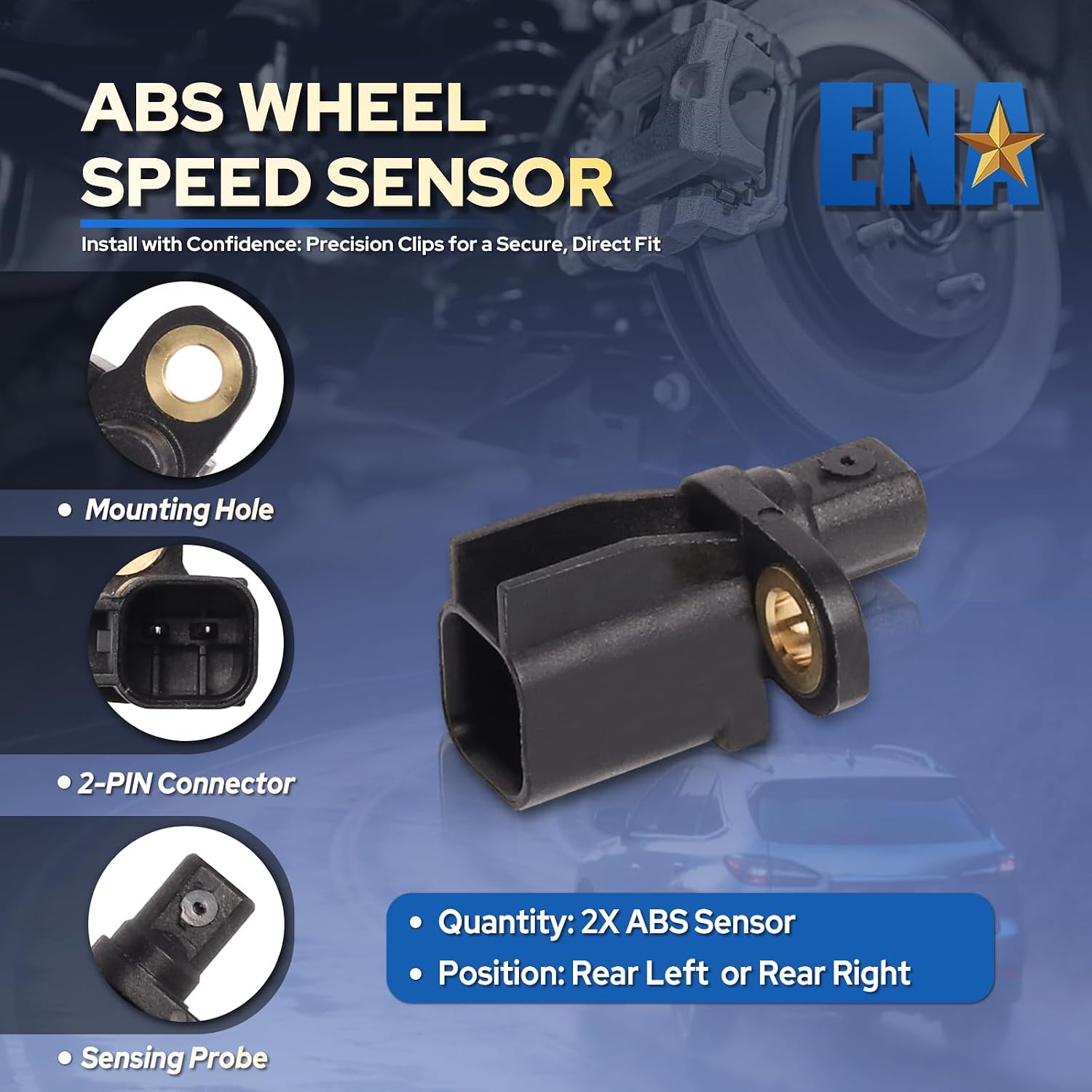 ENA Set of 2 Rear Left Right ABS Wheel Speed Sensor Compatible with Ford Lincoln Mazda Volvo C-Max Escape Focus Transit Connect MKC 5 3 S60 V60 XC60 XC70 S80 C30 C70 S40 V50 Replacement for ALS2380