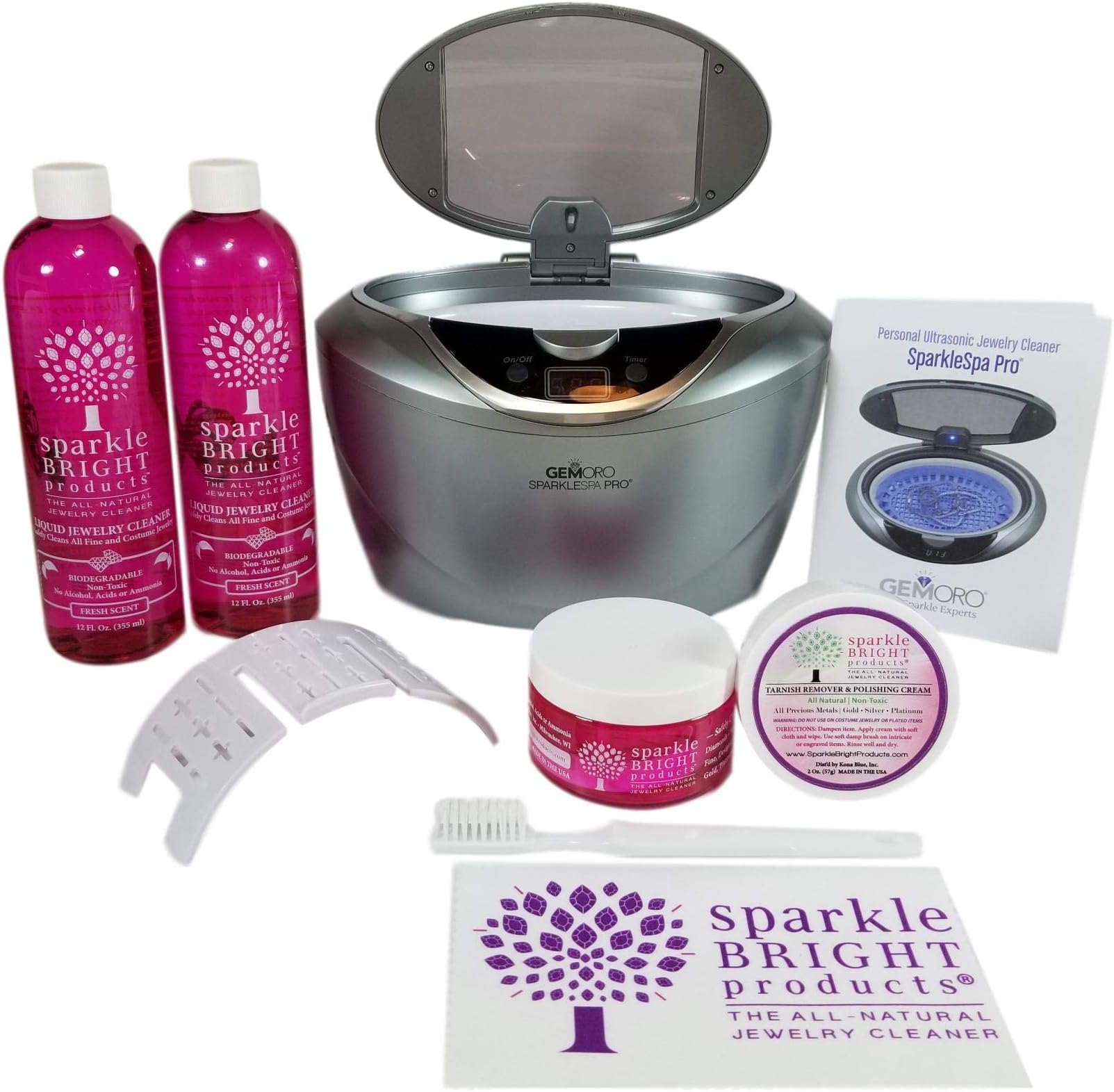Sparkle Bright Products | GemOro 1791 Sparkle Spa Pro Ultrasonic Choice Jewelry Cleaning Kit, Slate Gray | Includes Sparkle Bright All-Natural Jewelry Cleaning Products