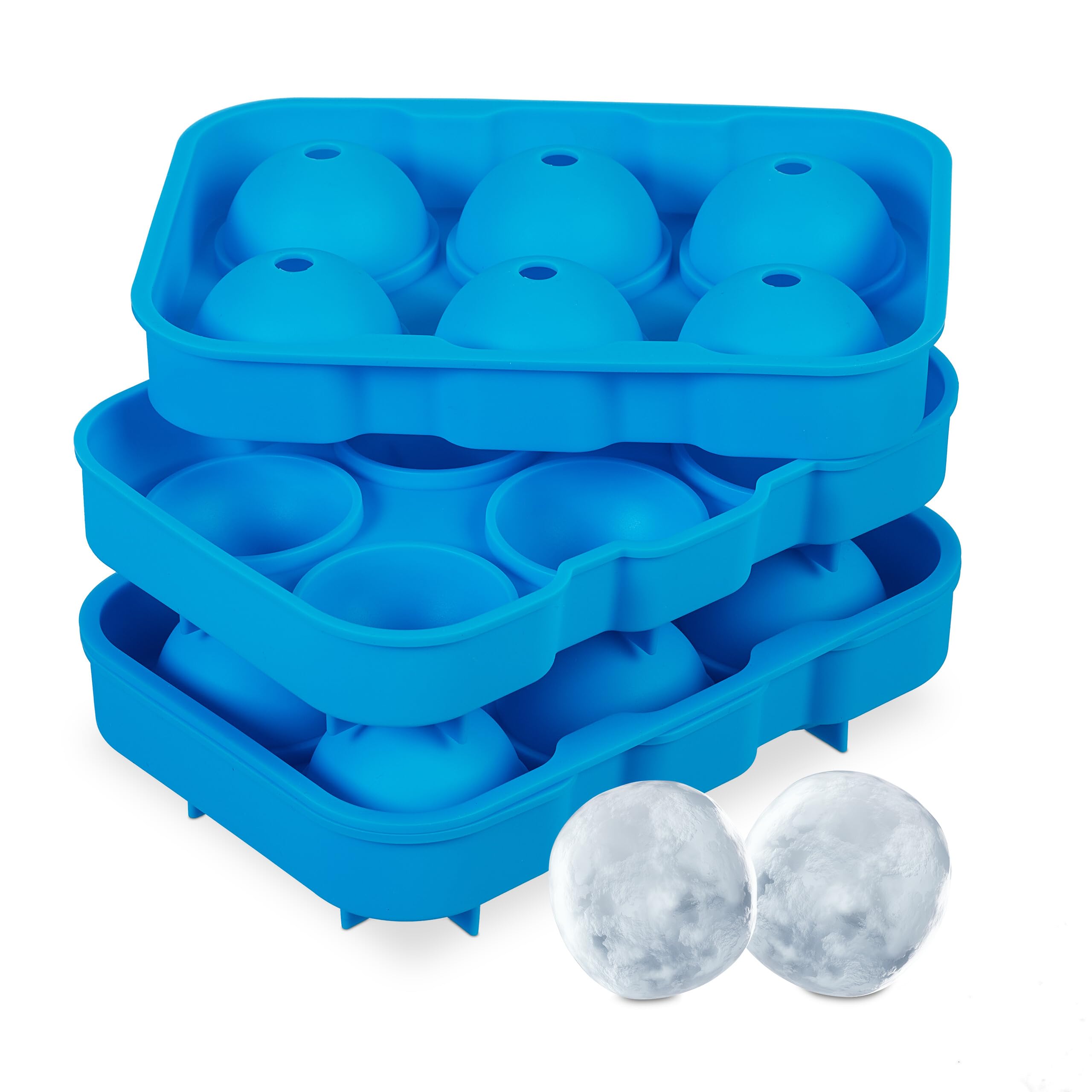 Relaxdays Pack 2 Cubiteras, Moldes Cubos de Hielo Redondos, 6 Cubitos Cada Una, Bandejas Reutilizables, Silicona, Azul