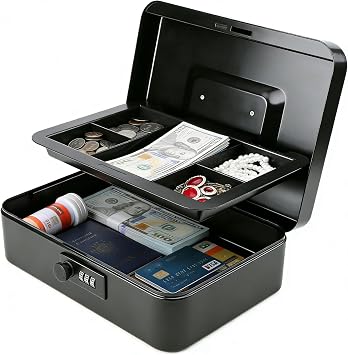 Decaller Large Cash Box with Combination Lock, Metal Money Box with Removable Tray, 9.84" x 7.87" x 3.54", Black