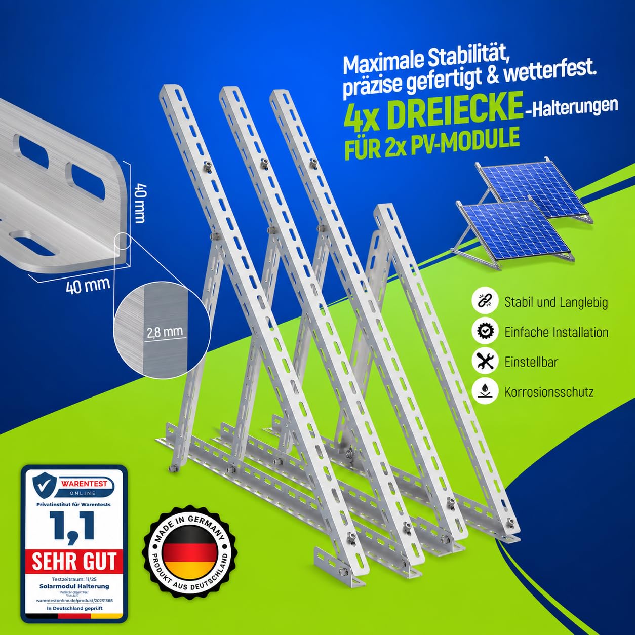 2 unidades de carpa - Soporte para paneles solares de balcón de hasta 117 cm (46") Ángulo Ajustable 0-90°, Barandillas de inclinación robustas para paneles solares de balcón (para 2 paneles solares
