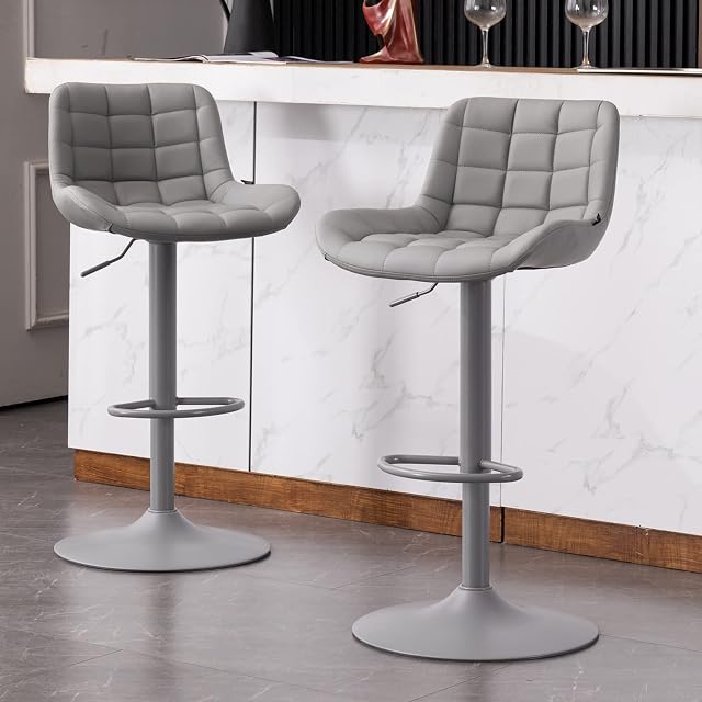 YOUTASTE Bar Stools Set of 2 Grey Comfortable PU Leather Padded Breakfast Barstools with Backs Luxury Metal Adjustable Height Bar Chairs for Kitchen Counter Island