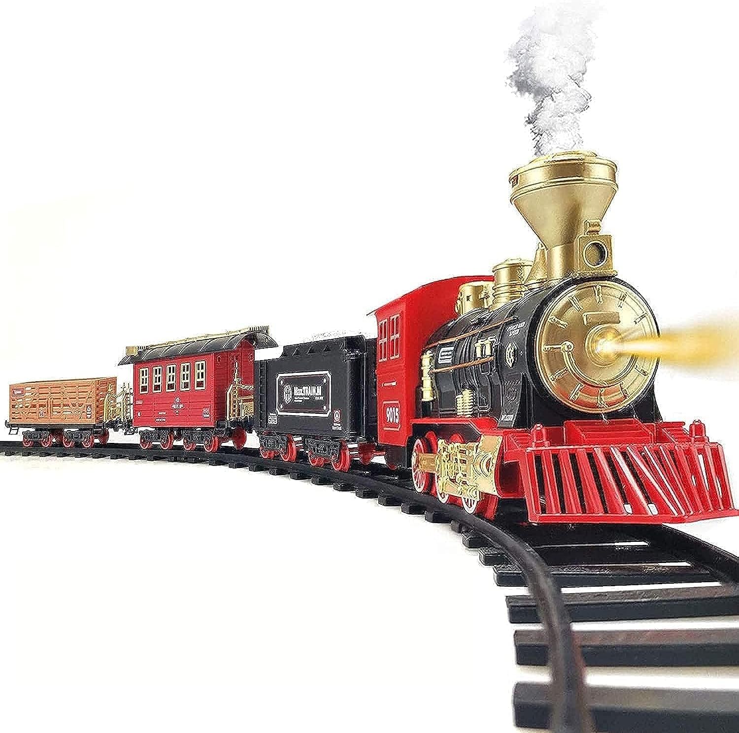Train Set with Steam Locomotive Engine, Cargo Car and Long Track for Toddlers 3-5, Rechargeable Battery Operated Play Train Toys with Smoke, Light & Sounds, Gift for Kids, Boys & Girls 4-7 Years
