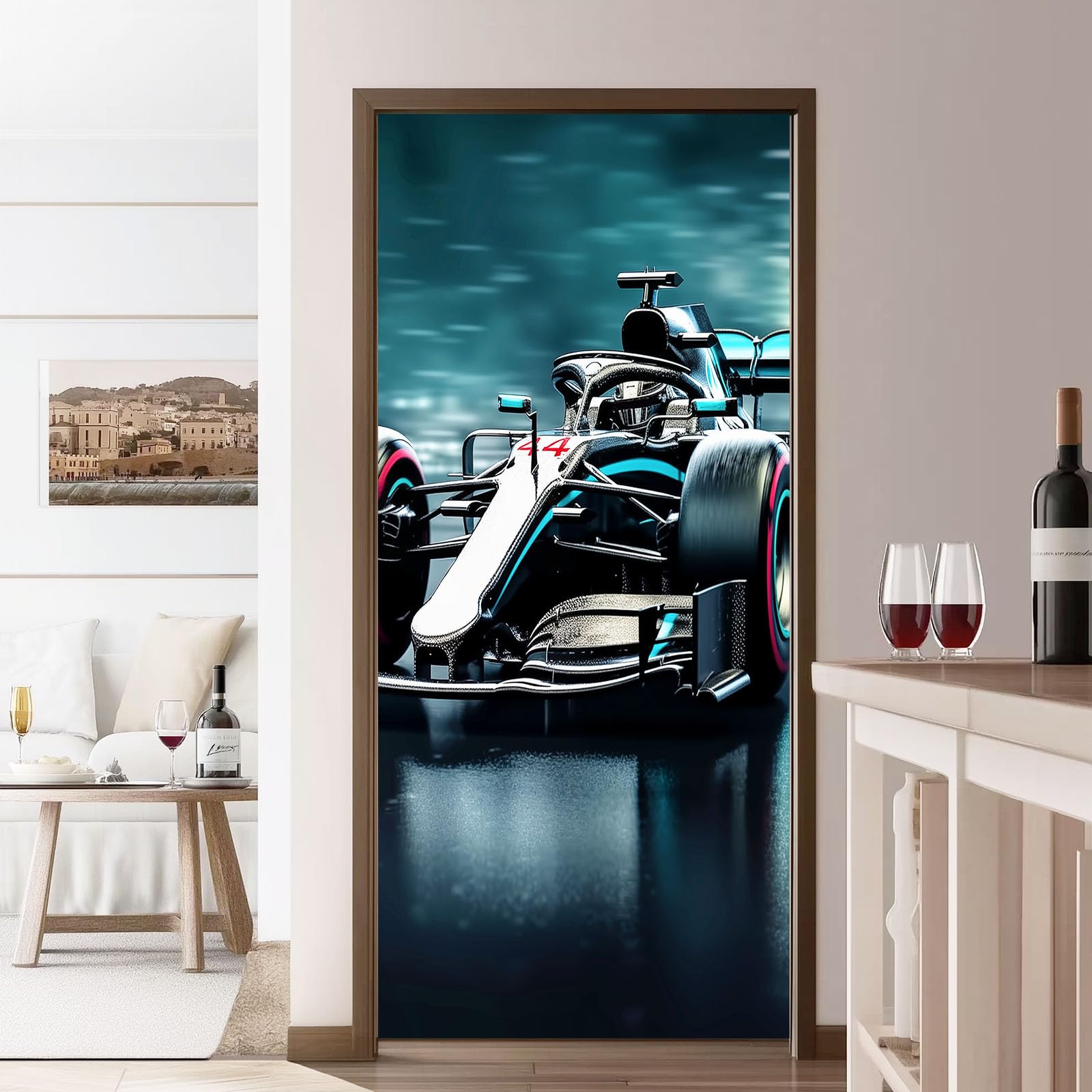 Nowoczesny styl naklejka plakat na drzwi, samoprzylepna naklejka ścienna wzór wyścigów samochodowych fotografia, ciemnoszare naklejki na drzwi z PCV do sypialni salonu kuchni, 95x215 cm