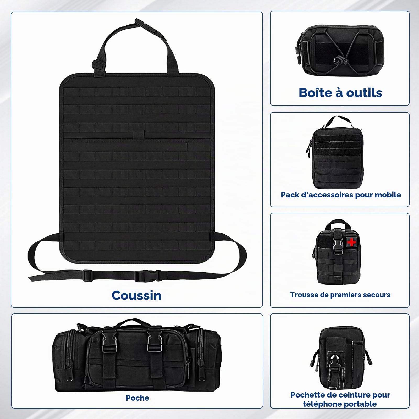 Organiseur tactique pour siège de voiture avec 5 sacs amovibles, protection de dossier de voiture Oxford 600D imperméable pour la plupart des véhicules, SUV, camion, pick-up
