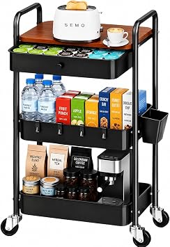 Rolling Cart with Drawers and Wood Table Top, 3 Tier Metal Black Art Carts Organizer on Wheels, Three Tiered Small Coffee Cart, Utility Storage Cart for Bedside, Baby Diaper, Snack, Craft, Book, Nail