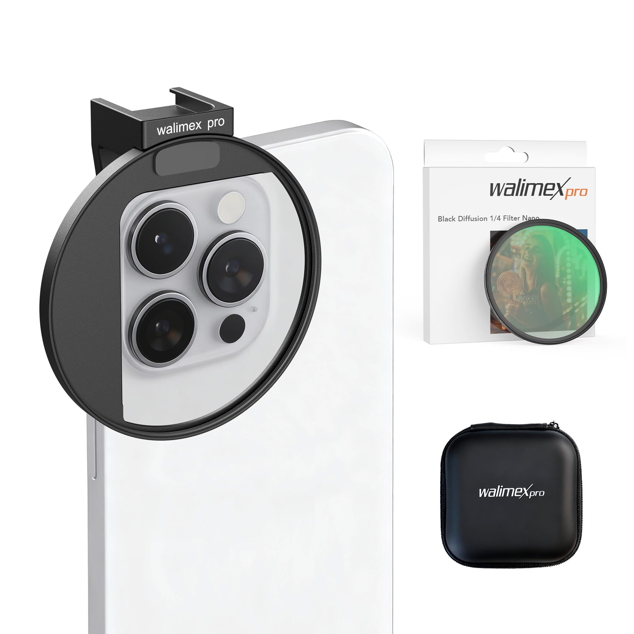 Walimex pro Uchwyt filtra 67 mm do telefonu, z filtrem dyfuzyjnym 67 mm, mocowanie typu zimna stopka do lampy LED i mikrofonu, akcesoria fotograficzne do profesjonalnej fotografii smartfonem