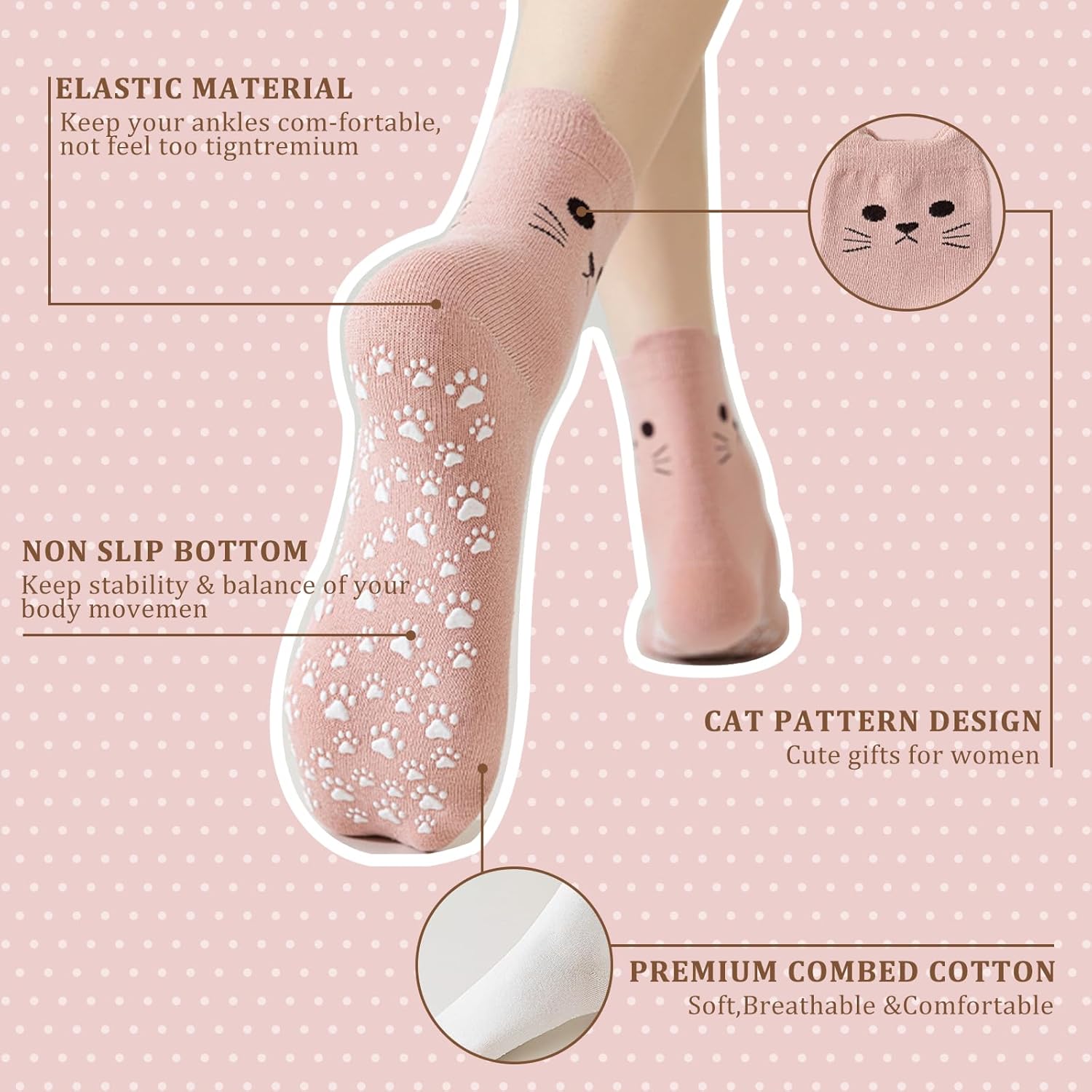 Cute Pilates Crew Grippy Socks for Women - Cat Paw Yoga Gripper Non Slip Sock for Barre,Barefoot,Hospital,Fitness - Image 4