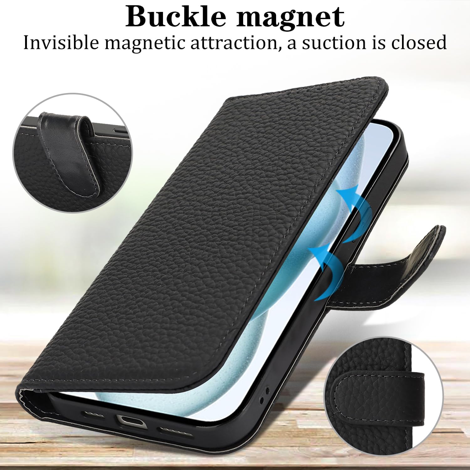 Zouzt Case for iPhone 15 6.1" Genuine Leather Wallet Case with 4 Card Slot, RFID Blocking Card Holder Magnetic Flip Folio Kickstand Shockproof Phone Cover Women Men for iPhone 15 - Black
