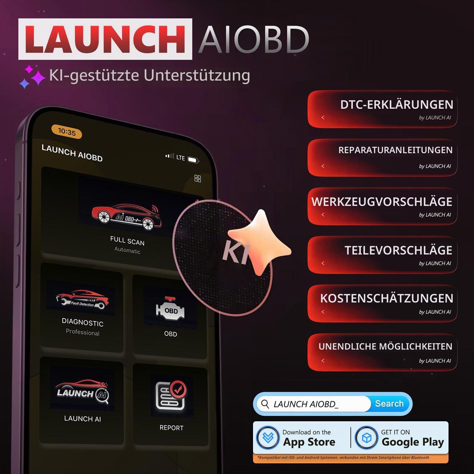Launch AIOBD Bluetooth OBD2 Scanner mit KI, AI-Diagnosegerät Auto mit Vollsystem, OBD-II Fehlercodeleser für iOS & Android, Motor, ABS, Airbag-Diagnose & Wartungsfunktionen