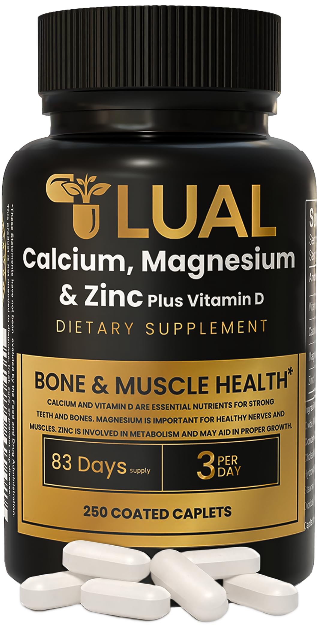 LUAL Calcium Magnesium Zinc with Vitamin D3, 250 Coated Caplets, for Adults