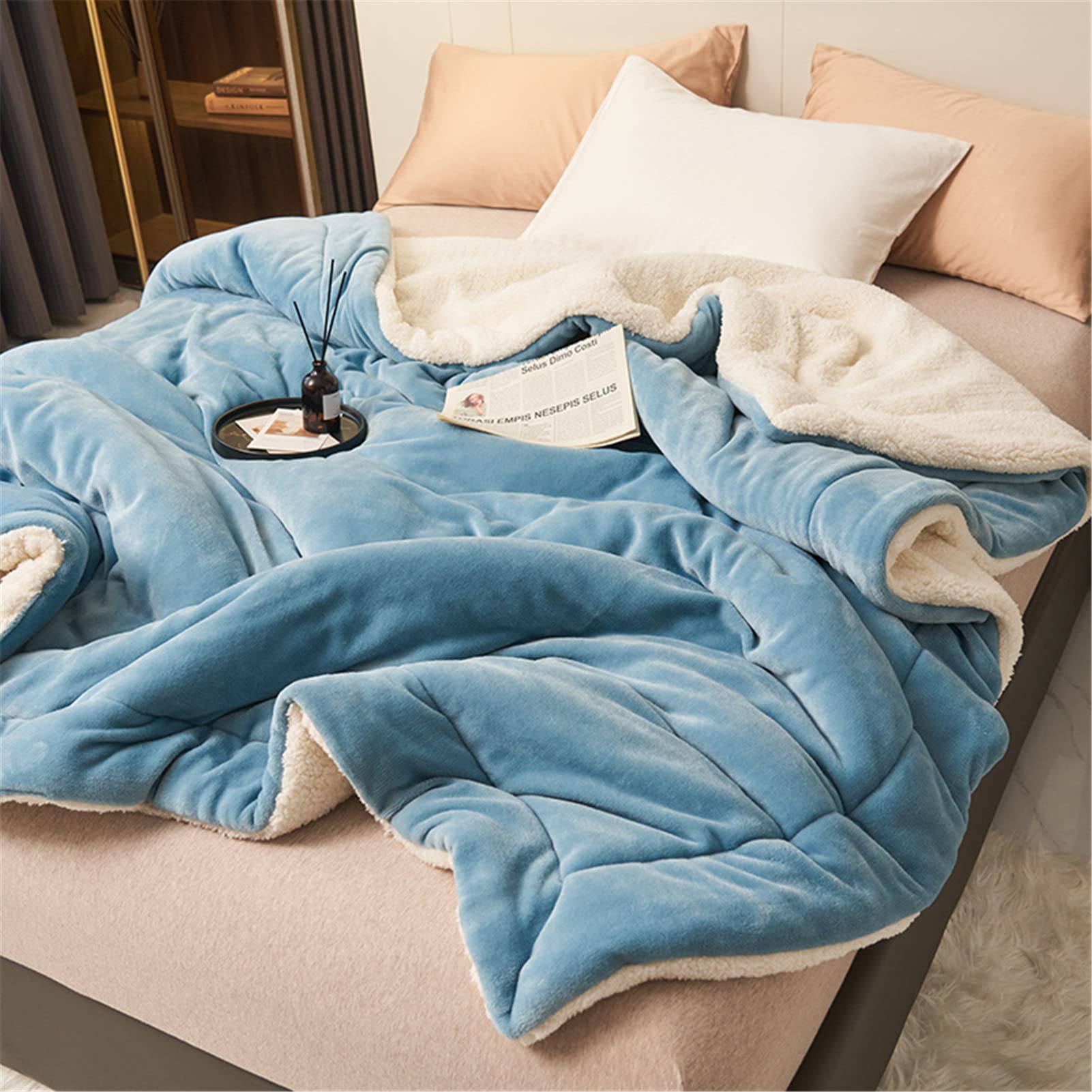 Manta Sherpa Manta Mimosa y Acogedora, Manta de Lana de Cordero, Manta Reversible de Microfibra para Cama y Sofa, Fácil de cuidar (Azul Claro,180x200cm)