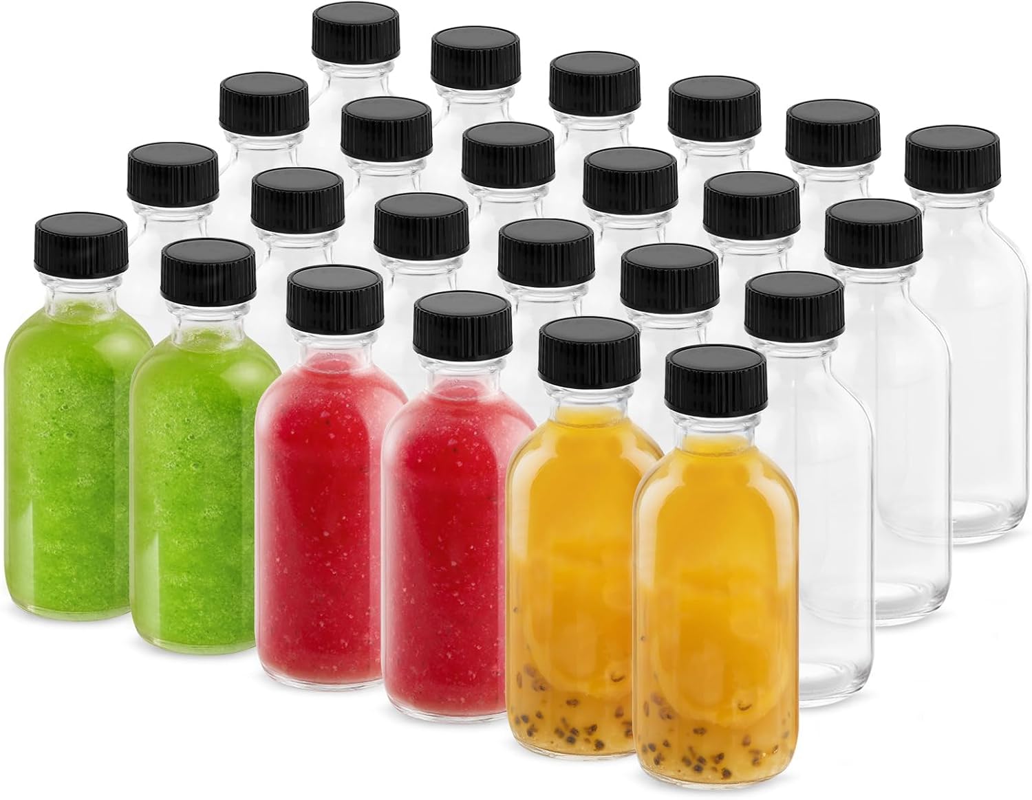 Rionisor 4OZ Small Glass Bottles with Lids and Funnels, 120ml Boston Round Glass Bottles, Leak Proof Mini Travel Bottle, Perfect for Diy Essential Oils, Hot Sauce and Juices, 24 Pack Clear