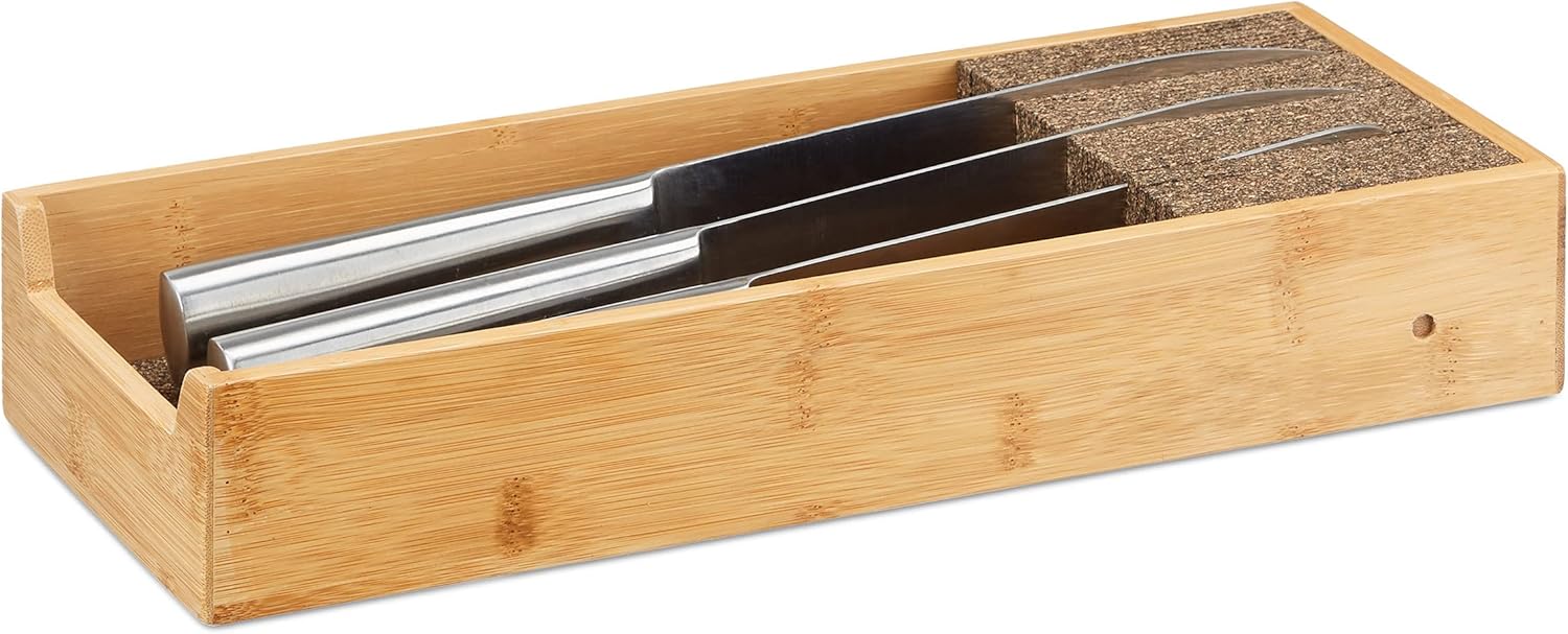 Relaxdays Bamboo Knife Block, In-Drawer Knife Organizer, Cutlery Storage, HWD 6.5x38x15.5cm, Natural