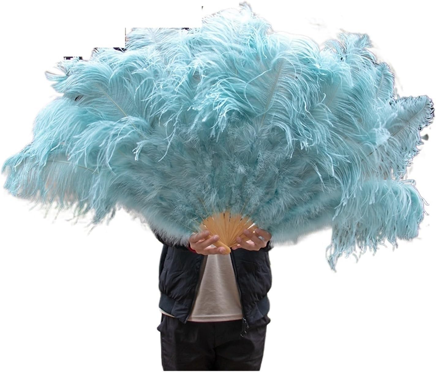 Ostrich Feather Fan,90cm Ostrich Feather Fan,Hand Crafts Fan with Feather for Dancer Stage Performances,Folding Feather Fans(Light Blue,Left Hand)