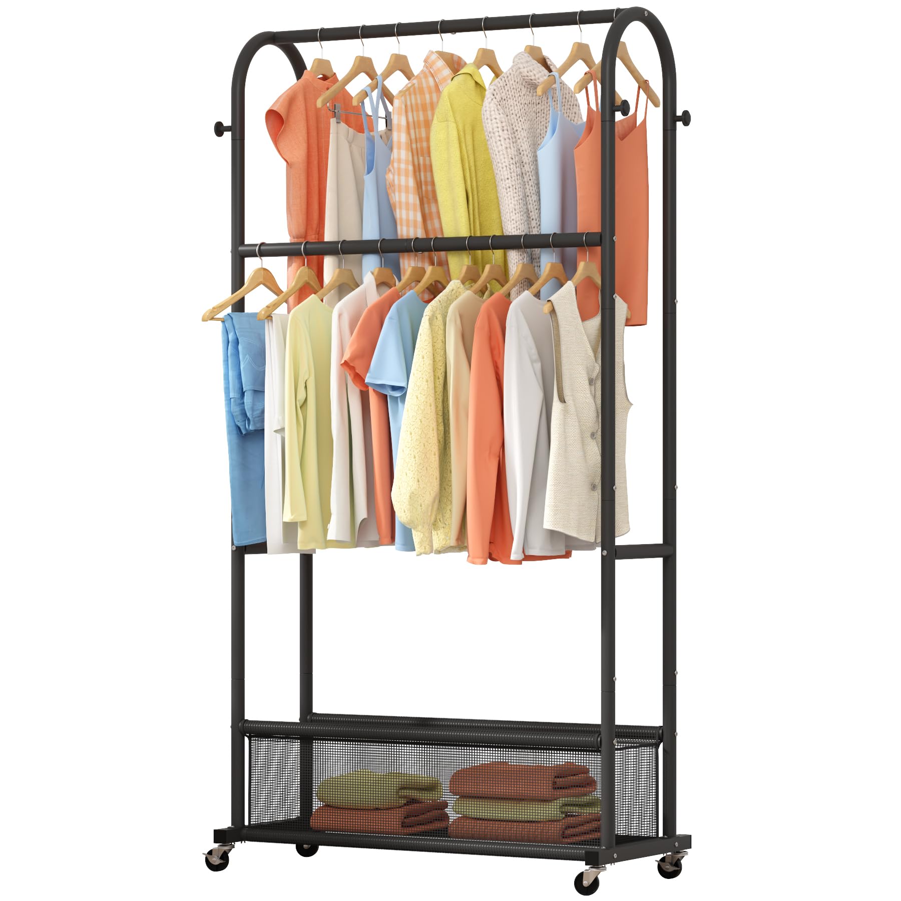 MOYIPIN Double Rods Clothing Rack with Wheels,Clothing Organizer for Hanging Clothes Coat Scarves Bags,Multi-functional Bedroom Garment Rack,4 Hooks,Black