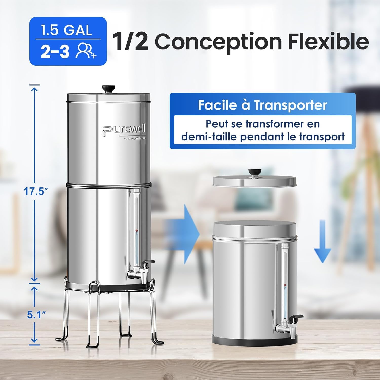 Purewell Filtr grawitacyjny do wody 5,7 litra - zbiornik ze stali nierdzewnej 304 + 4 filtry (węgiel/fluor) - kran wizualny - usuwa 99% fluorów/chloru/metali - bez prądu