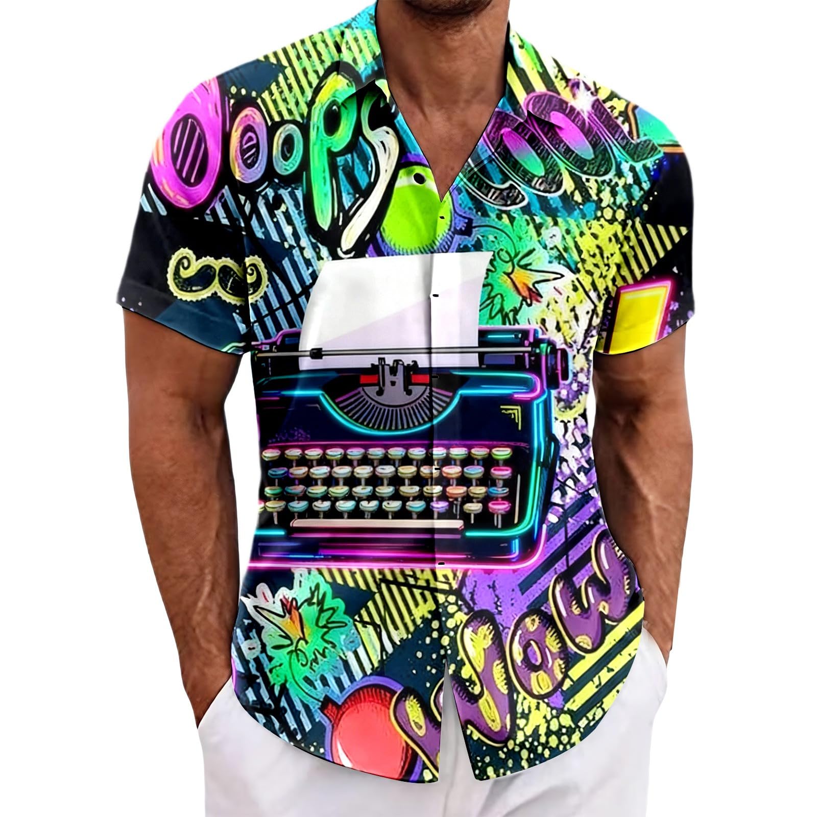 RUMAOZIA Men's Hawaiian Shirt 80s 90s Style Short Sleeve Carnival Fancy Dress Outfit 80s Shirts 90s Button Up Shirt Retro Hawaiian Beach Shirt Neon Disco Funny Party Shirts Colourful Vintage Shirts โ image 1