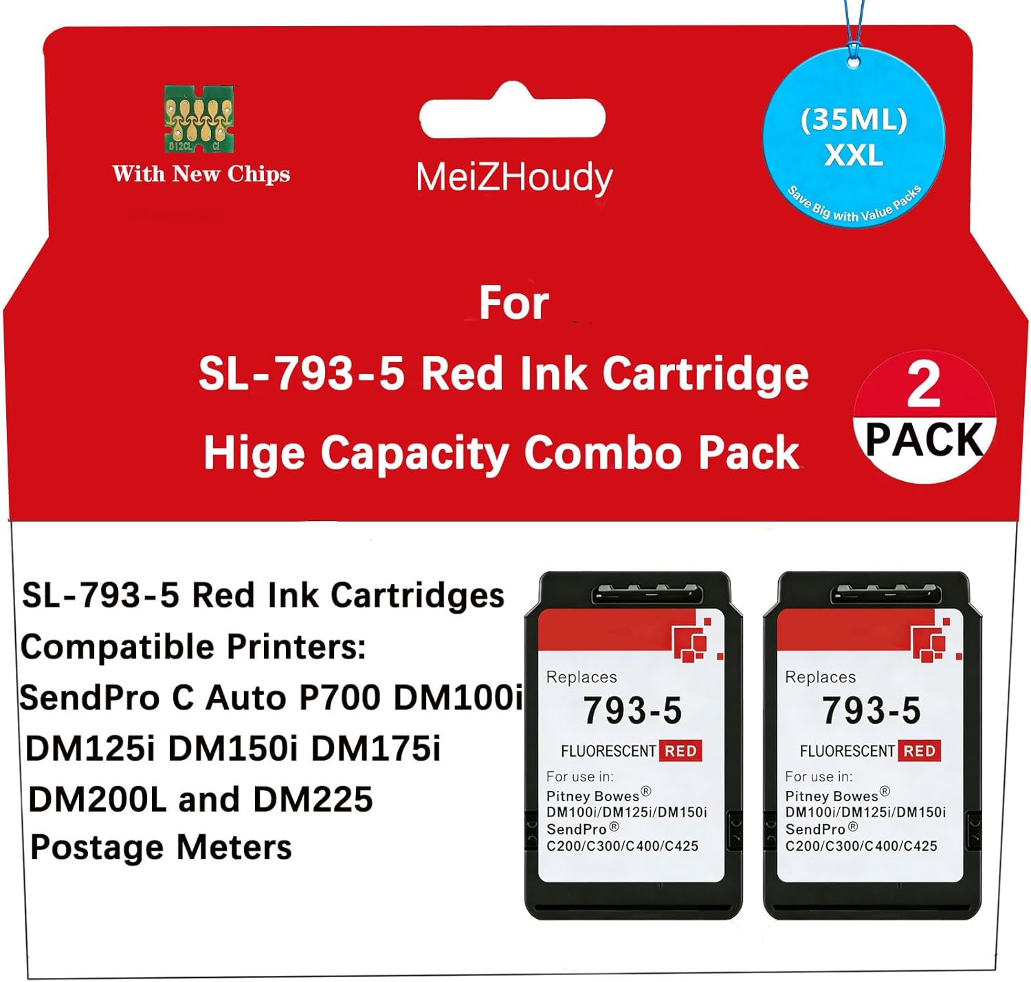 SL-793-5 Red Ink Cartridge Replacement for Pitney Bowes SL-793-5 Ink Cartridge for SendPro C Auto P700 DM100i DM125i DM150i DM175i DM200L DM225 Postage Meters（2 Pack 35ML）