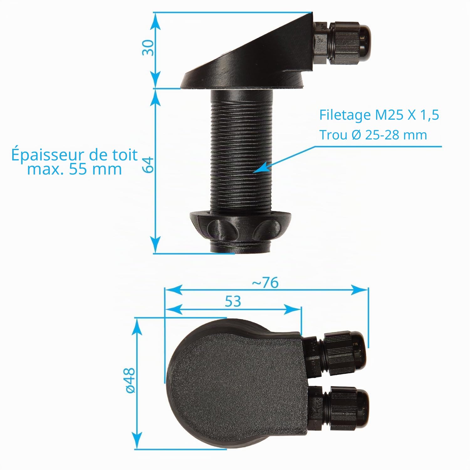 Panneau solaire, entrée de câble, passe-câble solaire, étanche avec joint de qualité supérieure (butyl), camping-car, caravane, bateau, noir, sans câble