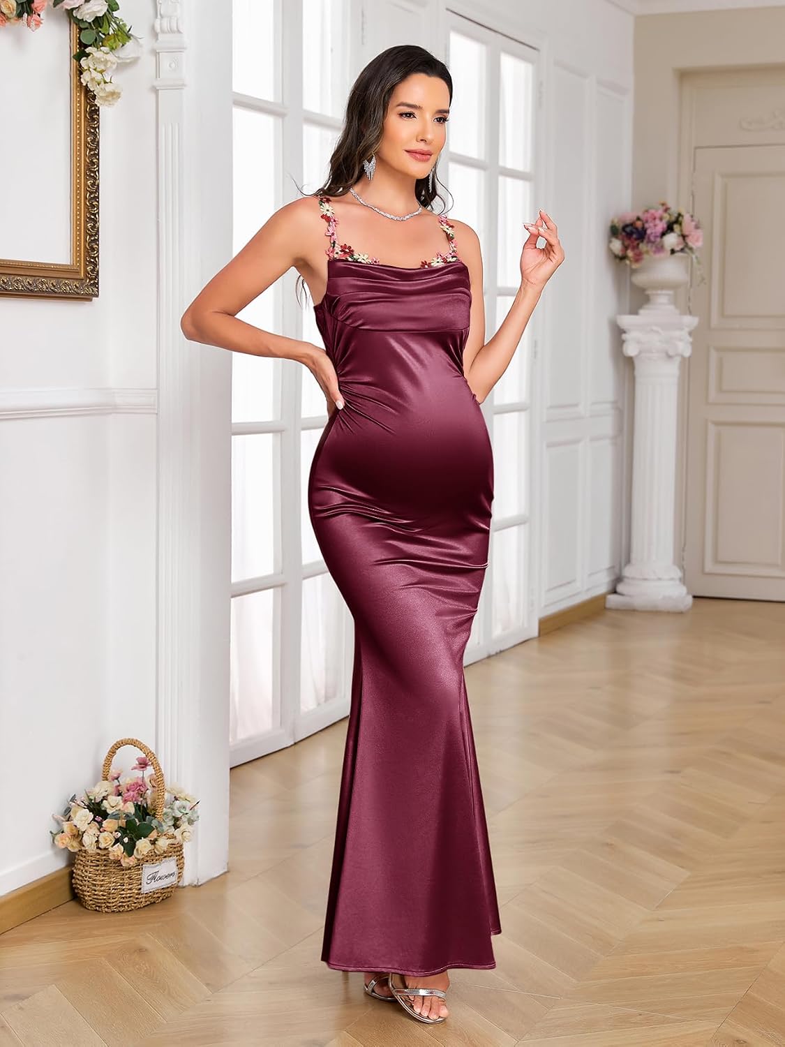 AISWI Satin Maternity Maxi Dress Mermaid Ruched Bodycon Floral Spaghetti Strap Gown for Baby Shower Photoshoot Cocktail