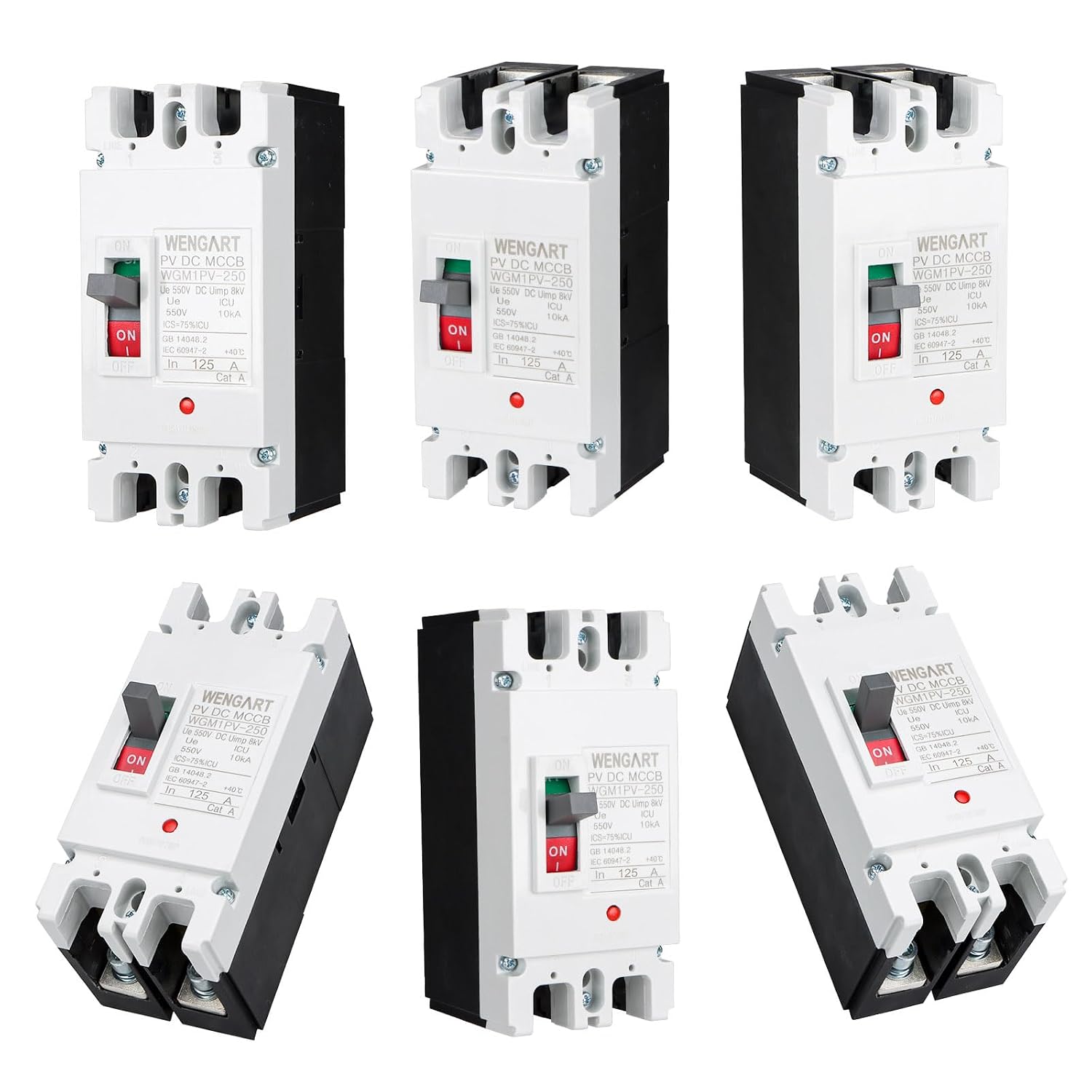 Icons illustrating key features of the WENGART DC MCCB: overload protection, battery protection, flame retardant, charge protection, comfortable handle, and safety protection.