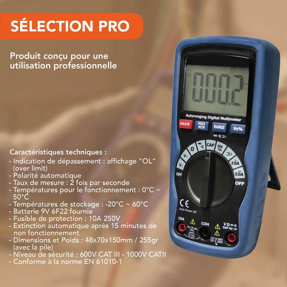 Multimètre digital professionnel, 9 fonctions, 1000V, calibrage auto, fonction sans contact, cat III - Tibelec