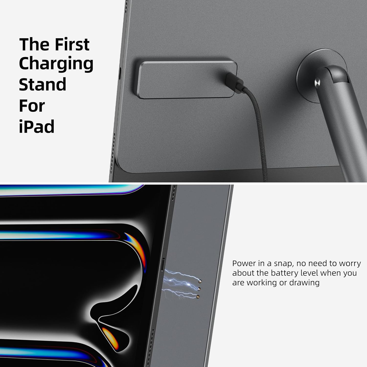 KU XIU Magnetic Wireless Charging Stand for iPad Pro 12.9, iPad Air 13 M2 Only, Aluminum Alloy Arm Mount with 1M Cable, Foldable Adjustable Tablet Holder for iPad Pro 12.9 3rd/4th/5th/6th