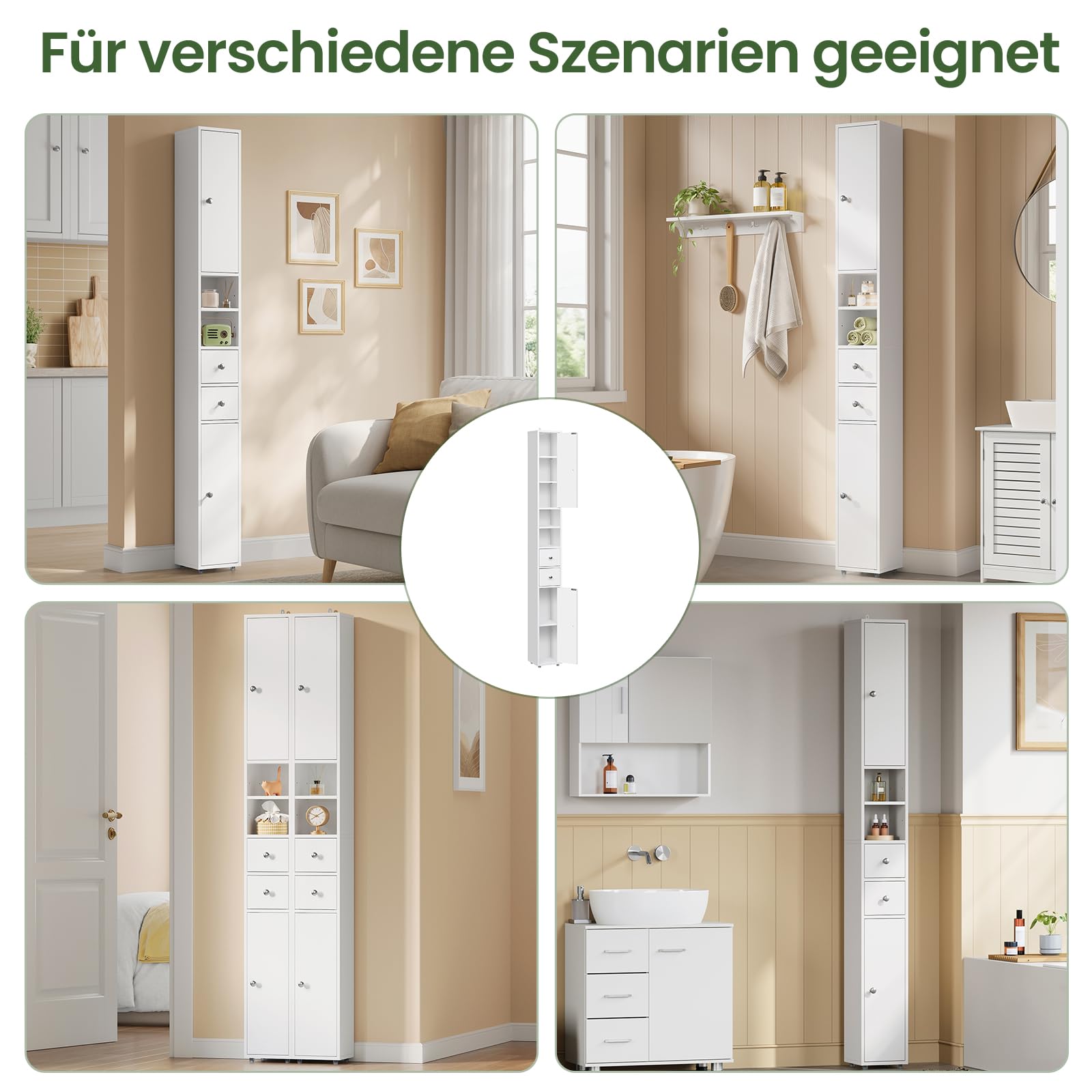EUGAD Badezimmerschrank, Badschrank schmal hoch, schlanker Badschrank, 20 x 20 x 180 cm, Aufbewahrungsschrank mit verstellbaren Ablagen, offene Fächer, für kleine Räume, modern, Weiß 0257WY