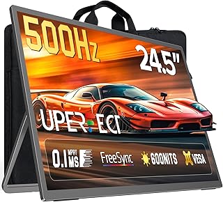 UPERFECT QLED 휴대용 게이밍 모니터 500Hz 24.5인치 모니터, FreeSync 0.1ms, 125%sRGB 2000:1 600Nits, 내장 스탠드, 스피커 및 VESA 장착 가능 DP1.4 USB C HDMI 보조 스크린, 노트북, 게임 콘솔용