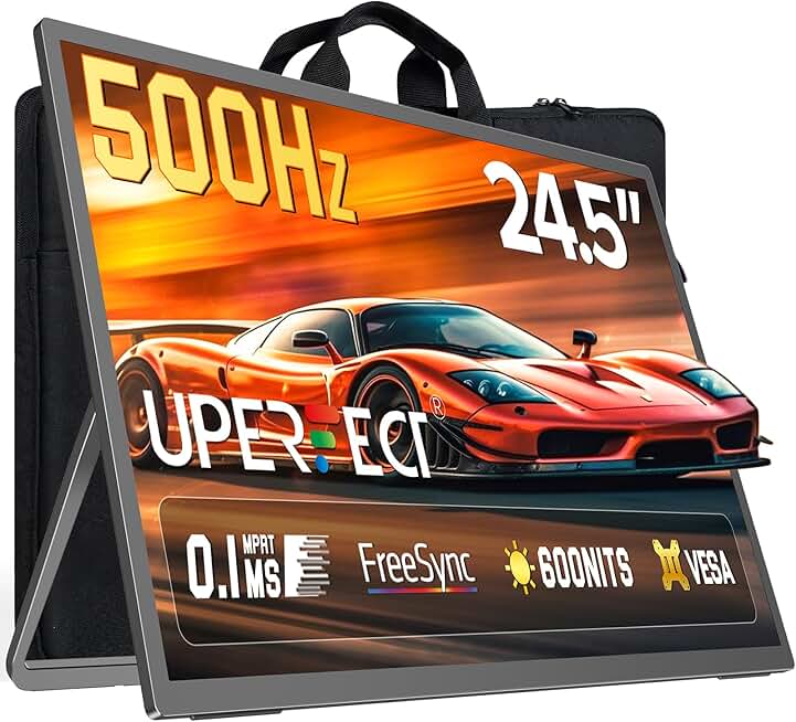 UPERFECT 24.5'' Portable Gaming Monitor 500Hz 0.1ms Ultra-Fast IPS Monitor, FreeSync, HDR 600Nits, Built-in Stand, Speaker and VESA Mountable DP1.4 USB C HDMI Second Screen for Laptop, Game Console