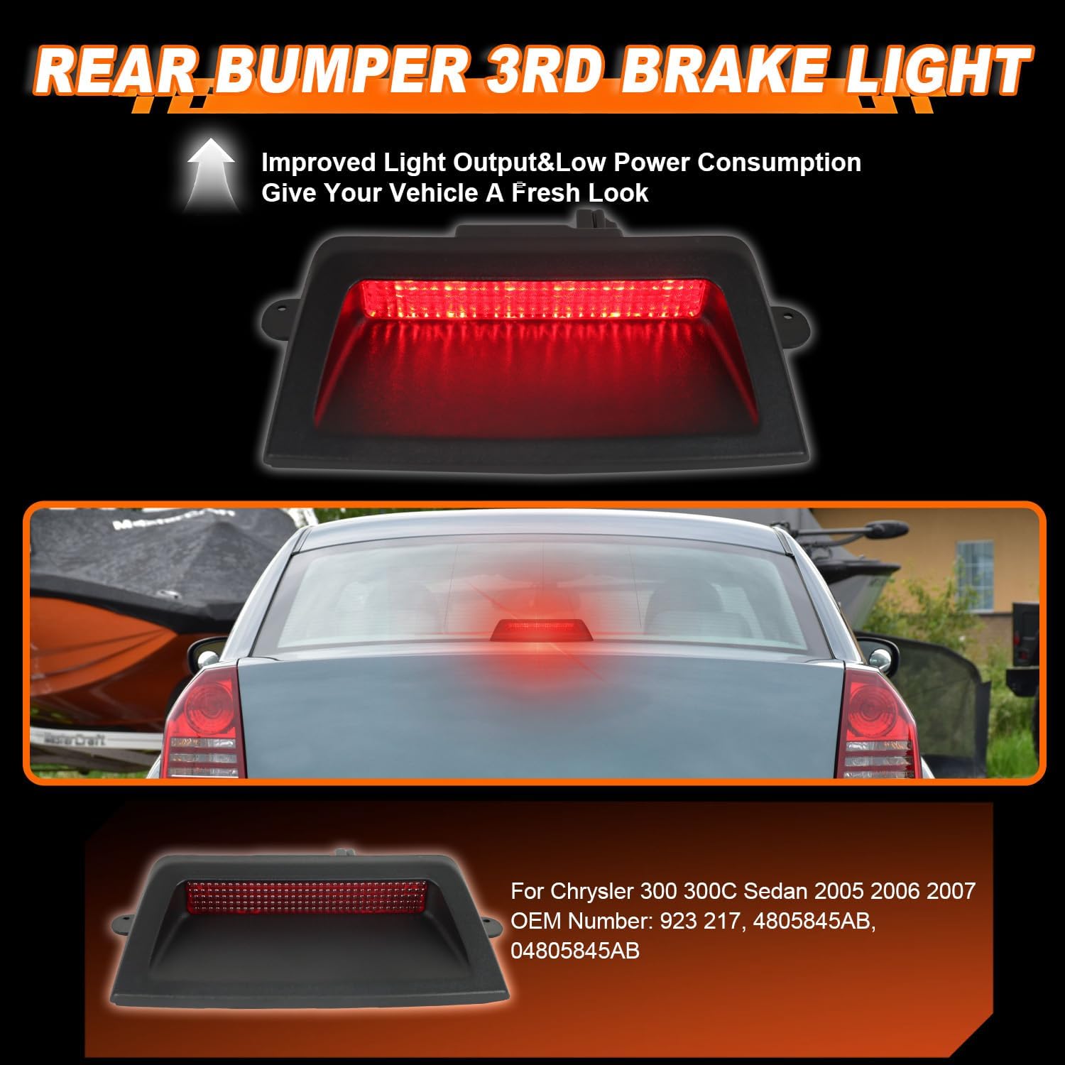1PCS LED Rear Bumper 3RD Third Brake Light Red Lens for Chrysler 300 300C Sedan 2005 2006 2007 Rear Center High Mount Stop Lamp Replace OE Number# 04805845AB, 4805845AB, 923 217