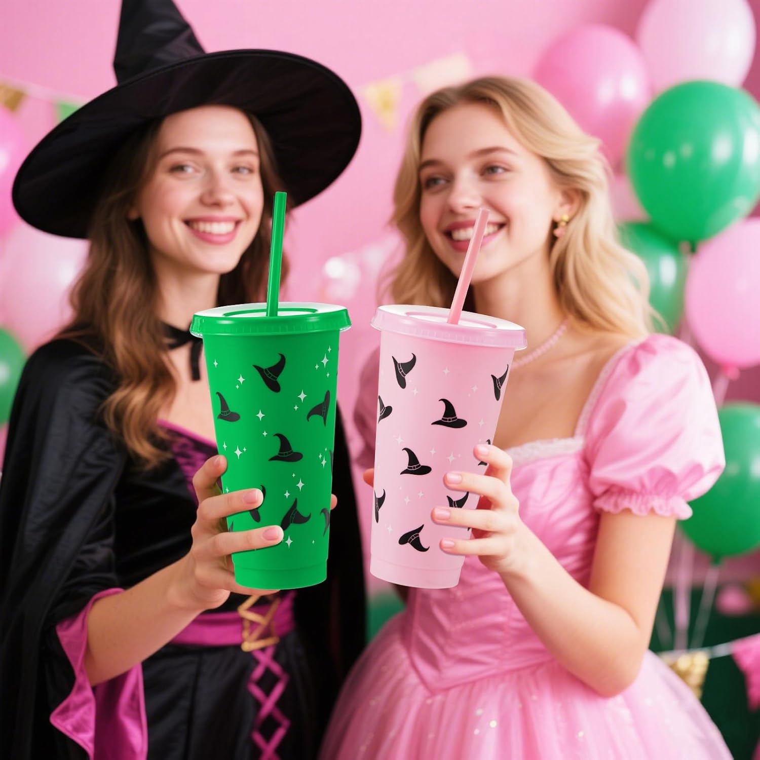 LemonRoad 12 Sets Witch Party Favors Pink and Green Plastic Cups with Lids Straws and Straw Covers 24 oz Reusable Pink Green Plastic Tumblers for Witch and Princess Birthday Party Decorations Supplies - Image 4