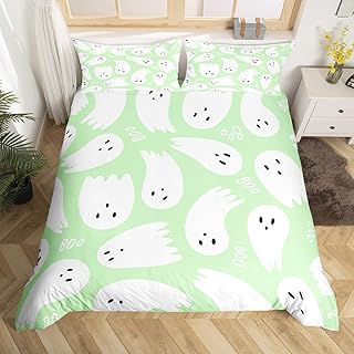 Castle Fairy Halloween Decorations,White Green Watercolor Hand Draw Print Print King Size Duvet Cover for Teens Adults,Cartoon Ghost Bedroom Decor Soft Comforter Cover with Zipper Closure