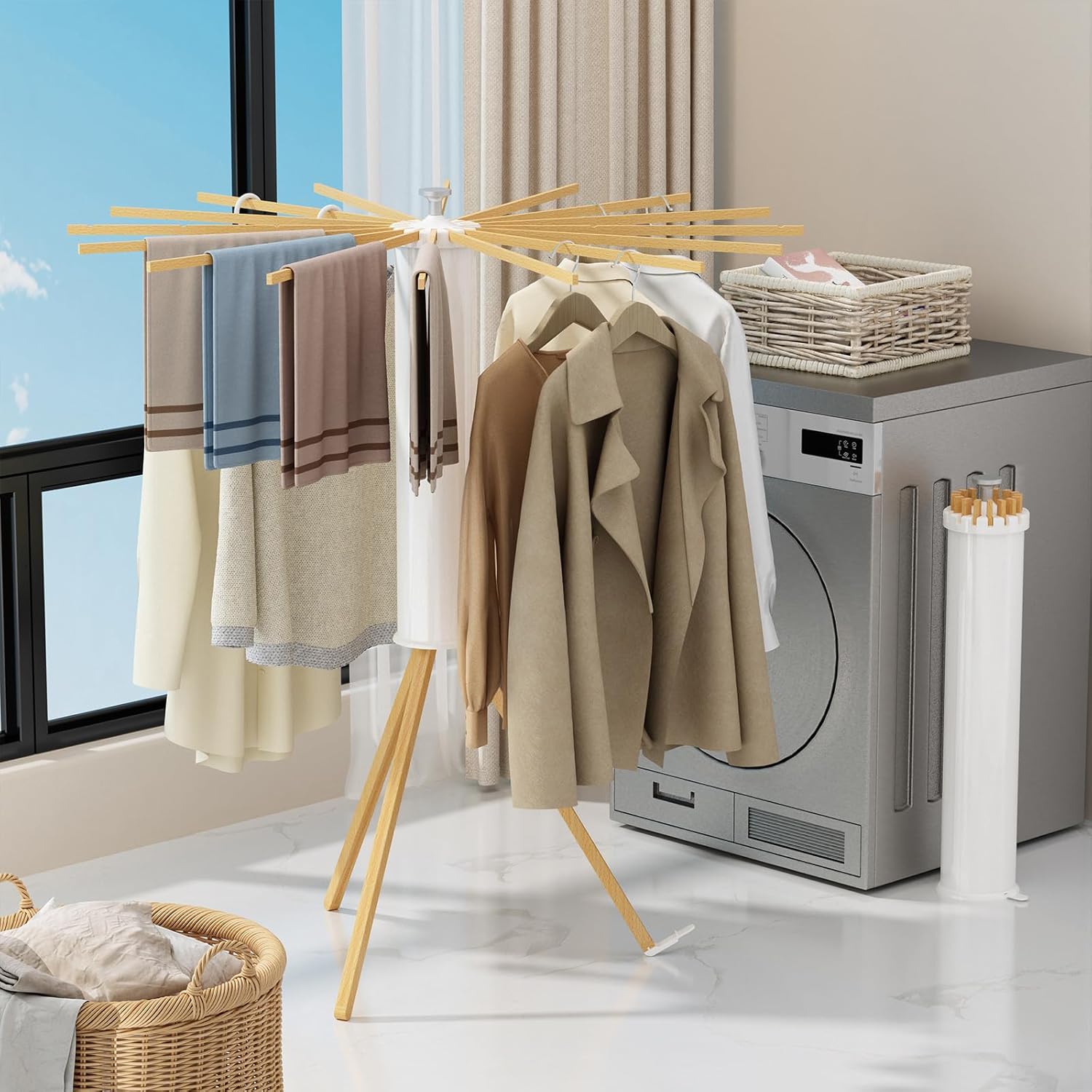 Ttripod Clothes Drying Rack, Foldable and Portable Drying Rack Clothing, Laundry Drying Rack Collapsible Indoor Outdoor Balcony Bedroom Wood Hanging rods 16 Poles