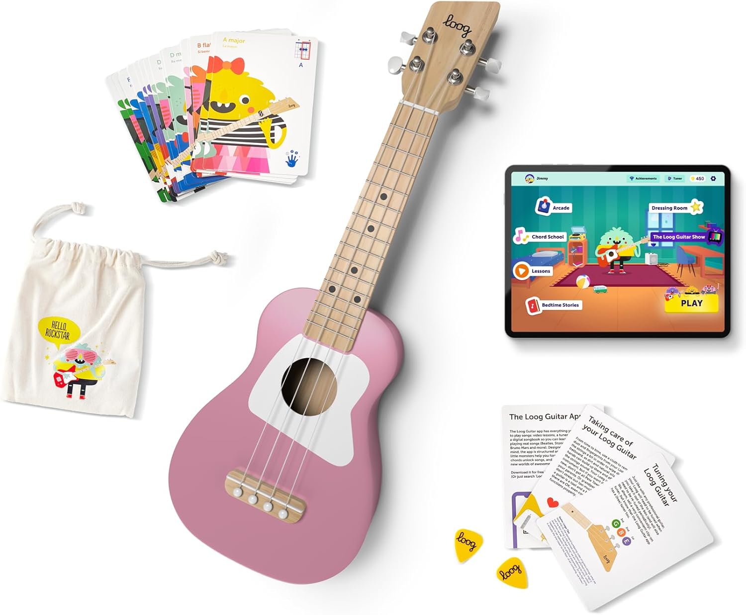 Loog Wood Soprano Ukulele for Kids & Beginners, App & Lessons, All Ages (Pink)