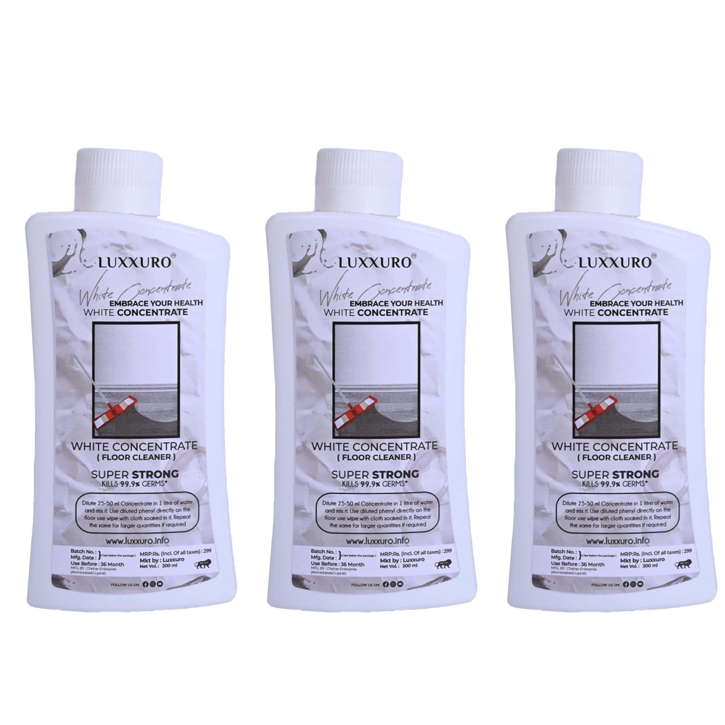 LUXXURO Phenyl Concentrate Makes 7-9 Litres Of White Phenyl Floor Cleaner With Sweet and Mist Fragrance Can be Used On Any Kind Of Floor- 200ML Each (Pack of 3)