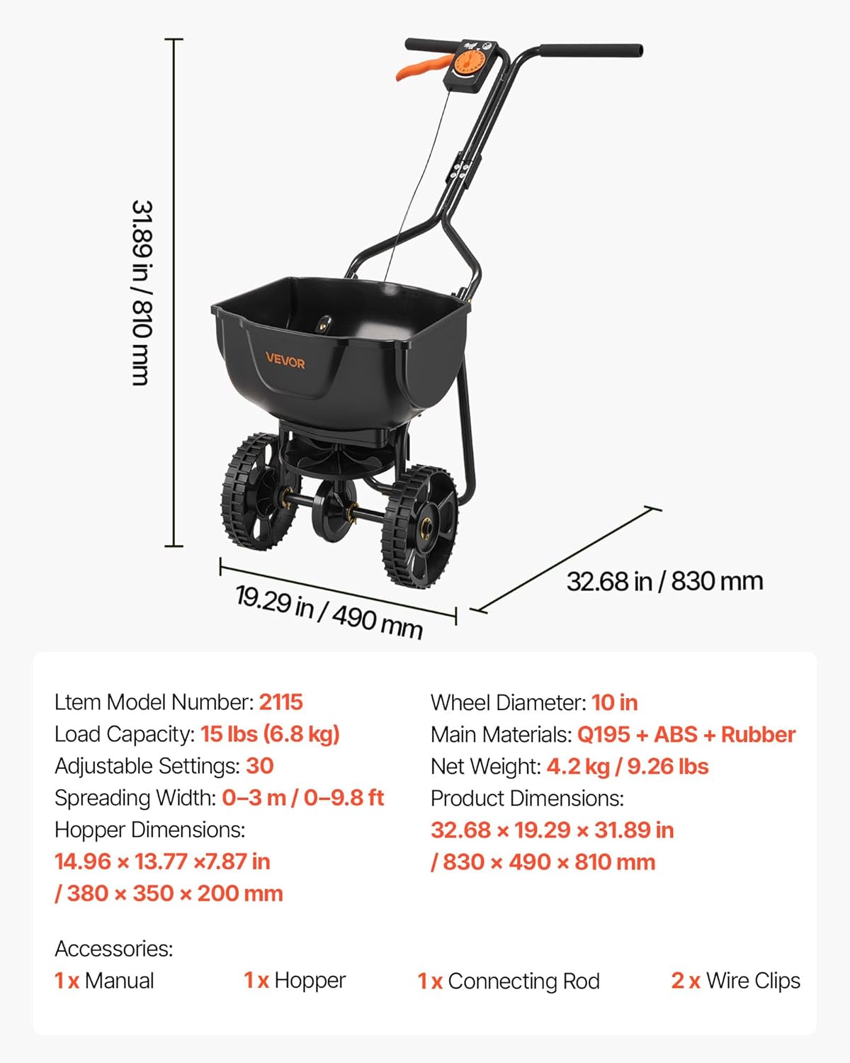 Diagram showing the dimensions of the VEVOR Broadcast Spreader, including height, width, and depth, along with a table of specifications.