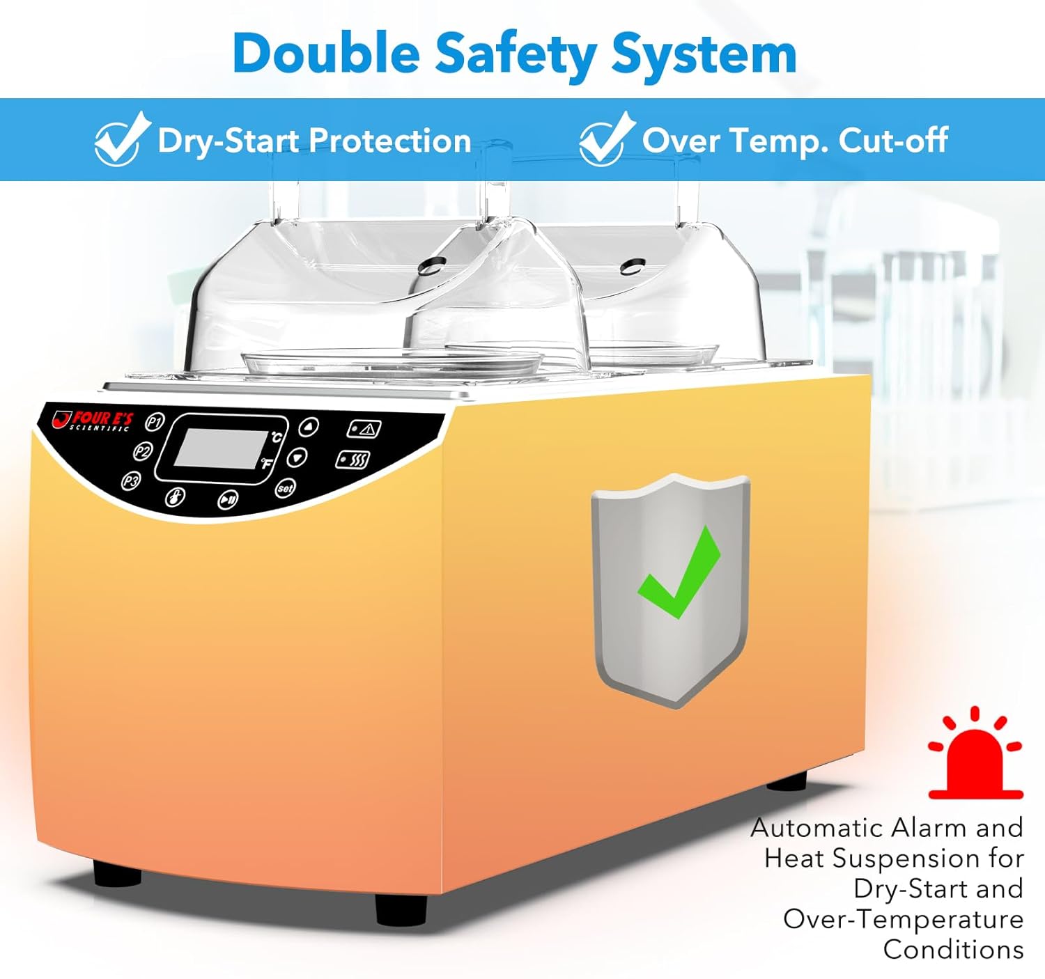 FOUR E'S SCIENTIFIC Lab Water Bath 5L, Digital Thermostatic Water Bath Heater, RT+5°C to 99°C, Precise Temperature Control, 2 Stainless Steel Chambers, LED Display