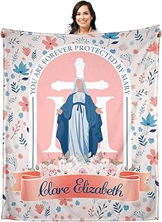 Custom Catholic Gifts Blanket for Baby Girl, Pesonalized Virgin Mary Throw Blanket with Name,First Communion Comfirmation Gift for Baby Teens Kid, Christian Gifts for Godchild